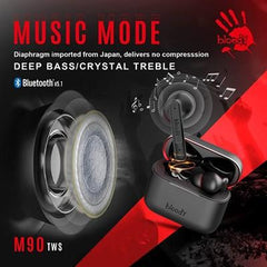 Bloody M90 TWS ANC True Wireless Active Noise Cancellation Gaming Earbuds, (Black - Red)