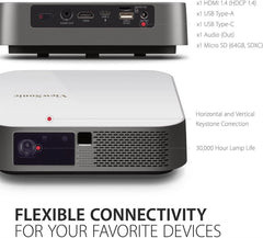 ViewSonic M2e 1080p Portable Projector with 1000 LED Lumens, H/V Keystone, Auto Focus, Harman Kardon Bluetooth Speakers, HDMI, USB C, 16GB Storage, Stream Netflix with Dongle